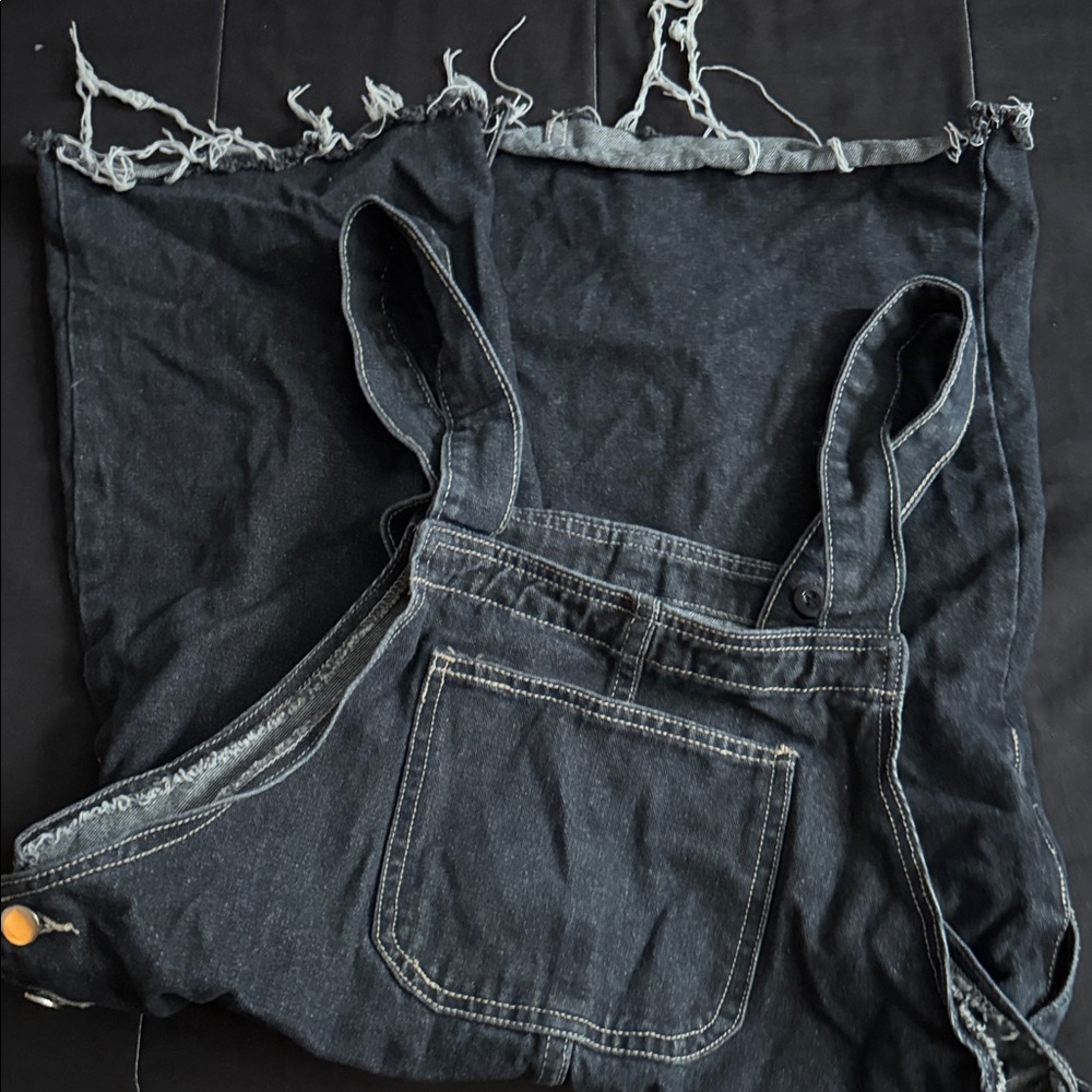 Dark Denim Overalls with Frayed Hem